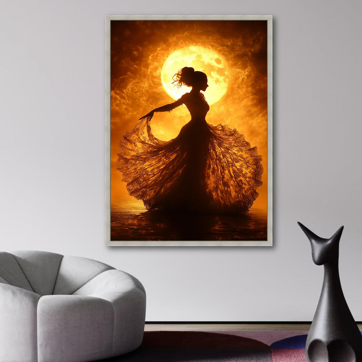 Elegant Silhouette Dance, Vintage Lace Dress Canvas, Fiery Moonlight Wall Art, Romantic Night Scene, wall decoration, canvas print, wall art