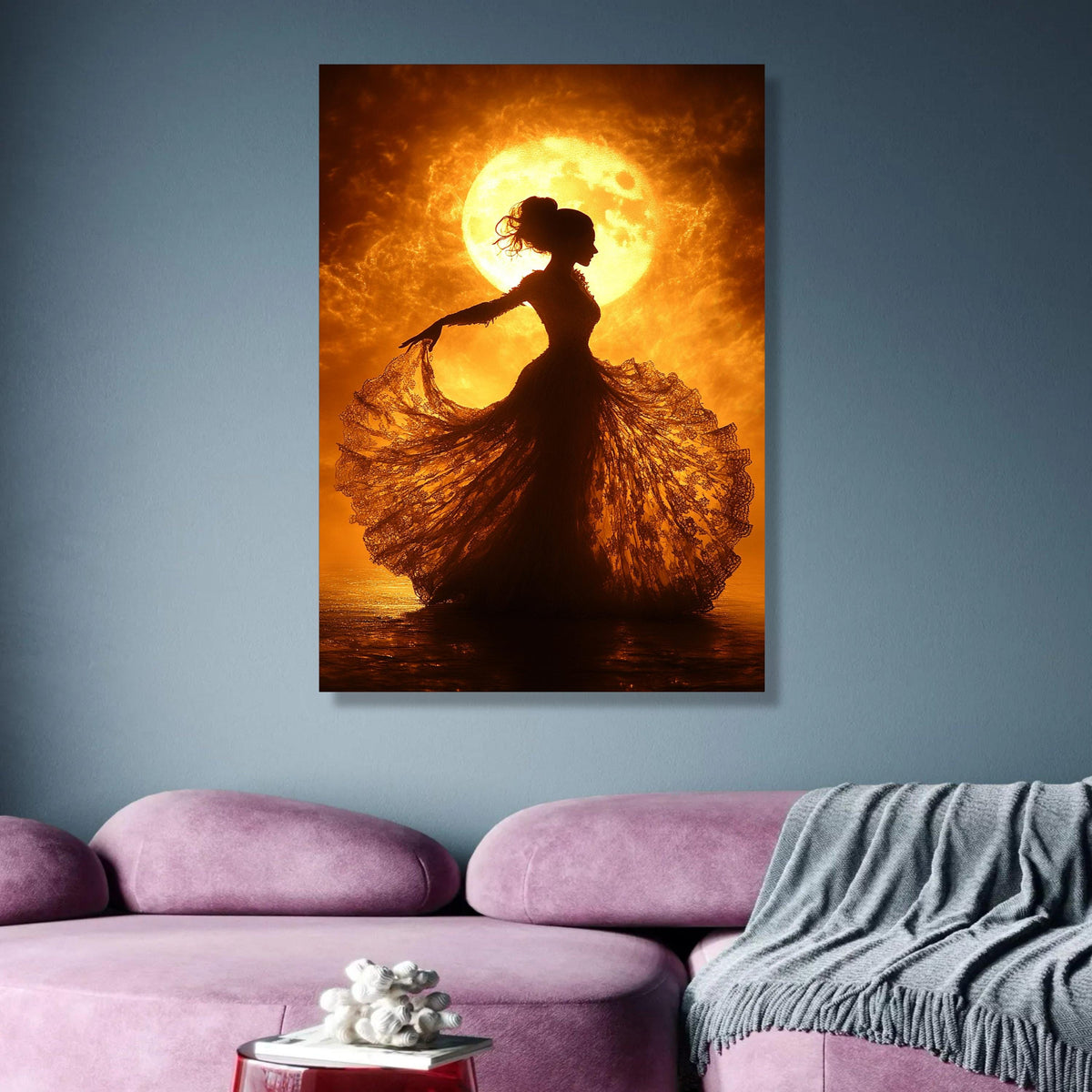 Elegant Silhouette Dance, Vintage Lace Dress Canvas, Fiery Moonlight Wall Art, Romantic Night Scene, wall decoration, canvas print, wall art