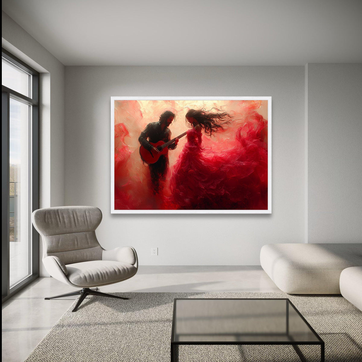 Romantic Flamenco Dance Scene, Guitar Player and Flowing Red Dress, Canvas Wall Art, Passionate wall decoration, canvas print, wall art