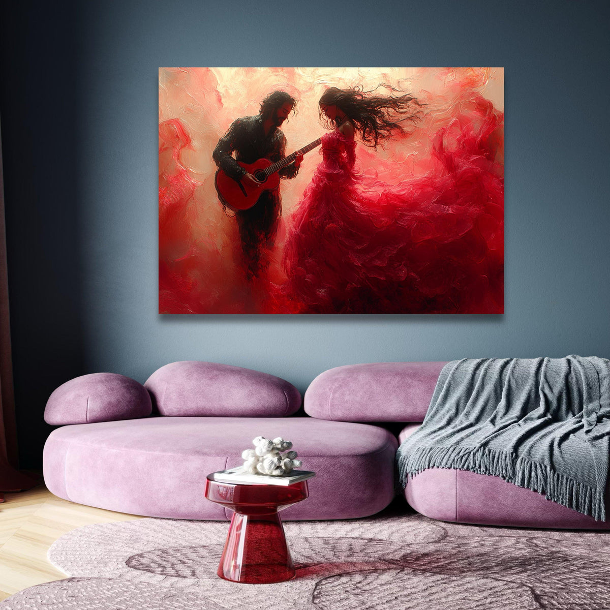 Romantic Flamenco Dance Scene, Guitar Player and Flowing Red Dress, Canvas Wall Art, Passionate wall decoration, canvas print, wall art