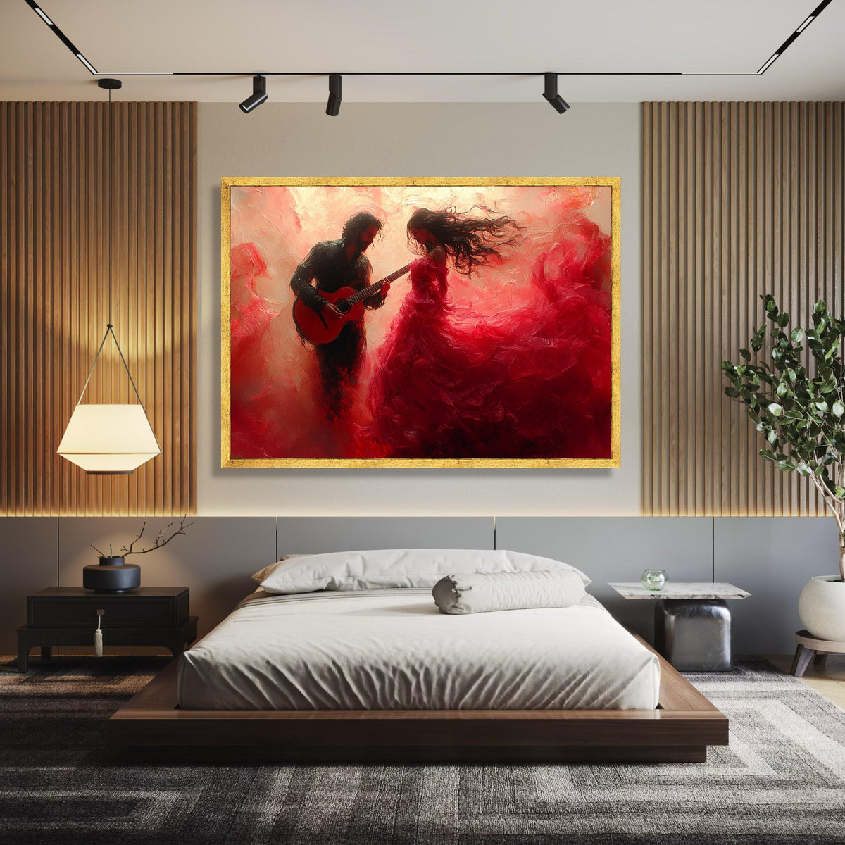 Romantic Flamenco Dance Scene, Guitar Player and Flowing Red Dress, Canvas Wall Art, Passionate wall decoration, canvas print, wall art