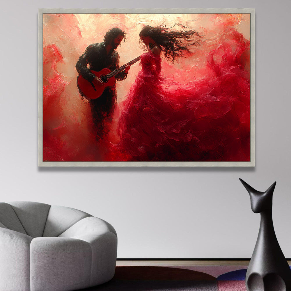 Romantic Flamenco Dance Scene, Guitar Player and Flowing Red Dress, Canvas Wall Art, Passionate wall decoration, canvas print, wall art
