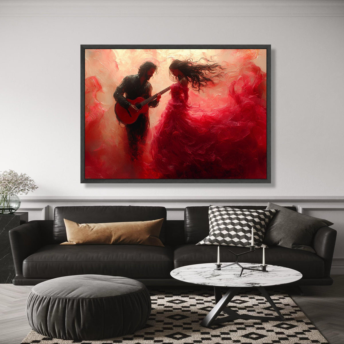 Romantic Flamenco Dance Scene, Guitar Player and Flowing Red Dress, Canvas Wall Art, Passionate wall decoration, canvas print, wall art