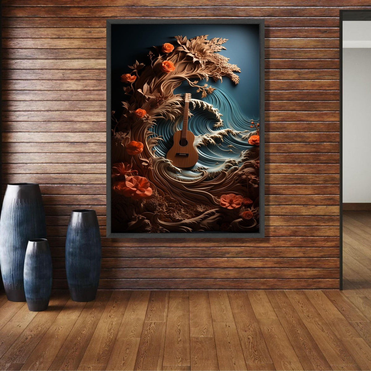 Acoustic Guitar with Ocean Waves and Floral Design Canvas Wall Art, Musical Nature Scene, Boho Home wall decoration, canvas print, wall art