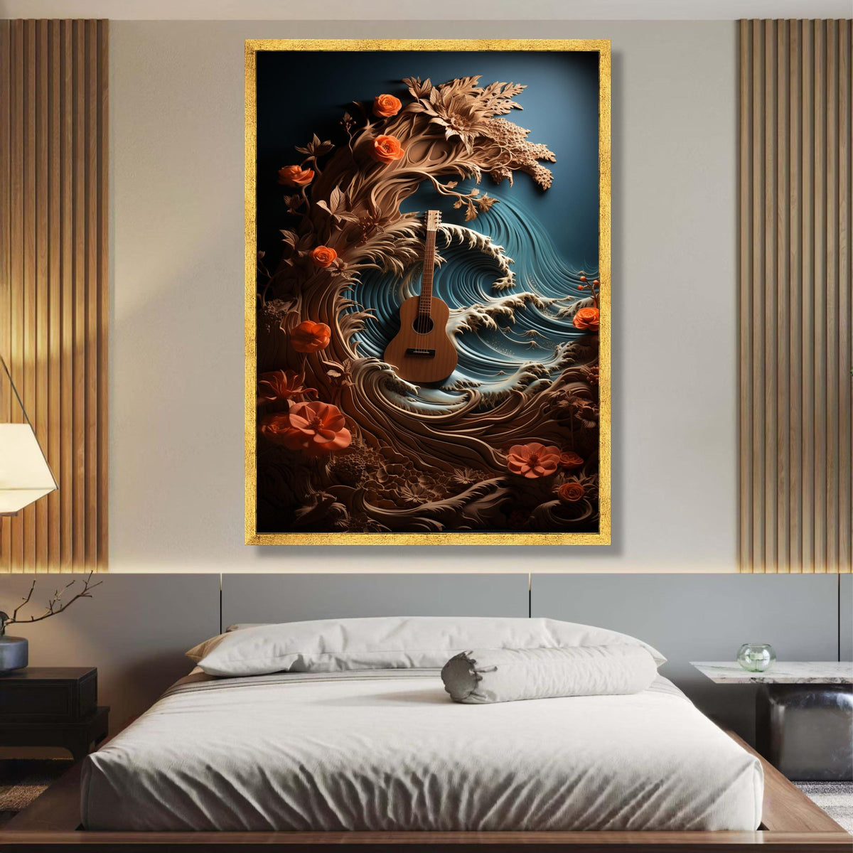 Acoustic Guitar with Ocean Waves and Floral Design Canvas Wall Art, Musical Nature Scene, Boho Home wall decoration, canvas print, wall art