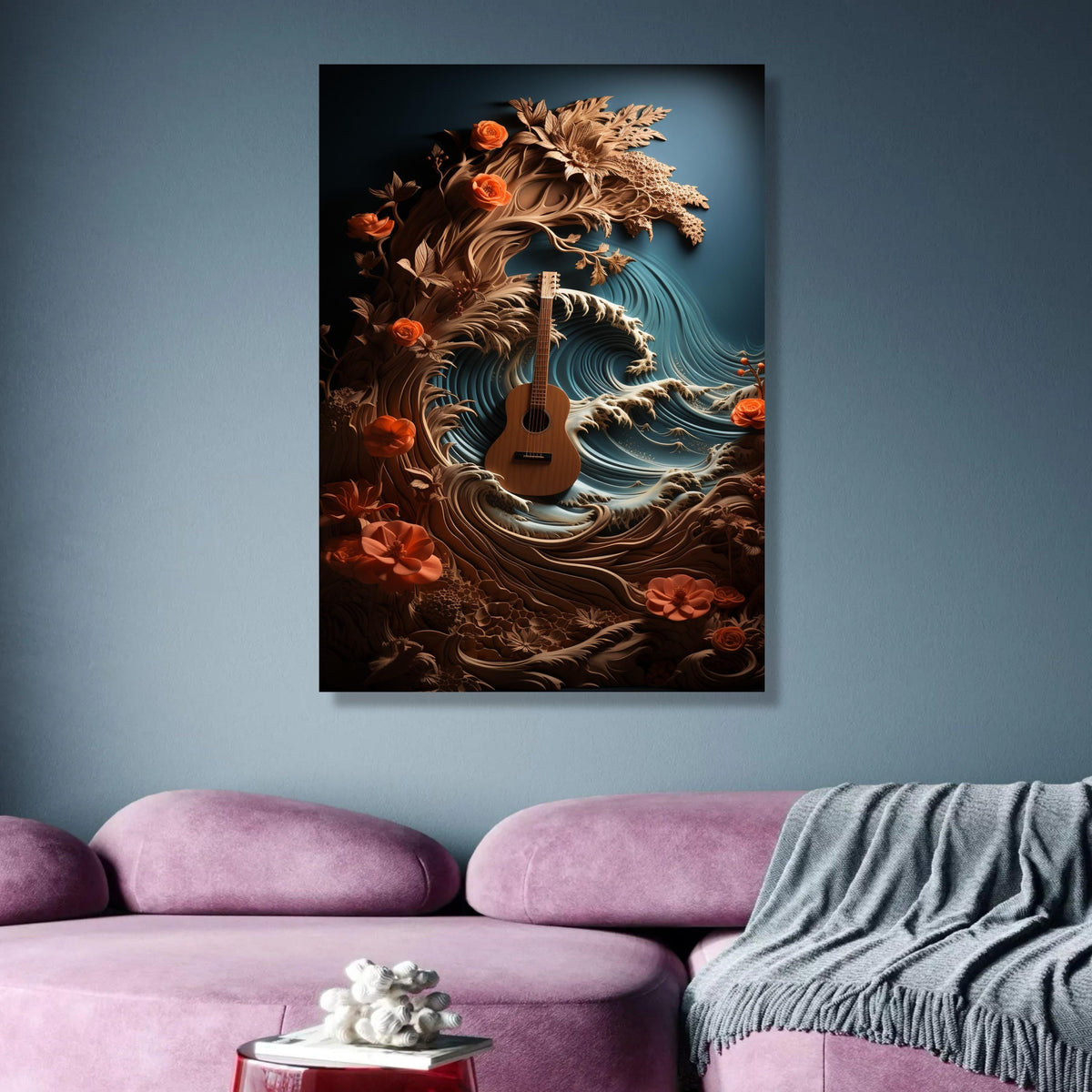 Acoustic Guitar with Ocean Waves and Floral Design Canvas Wall Art, Musical Nature Scene, Boho Home wall decoration, canvas print, wall art
