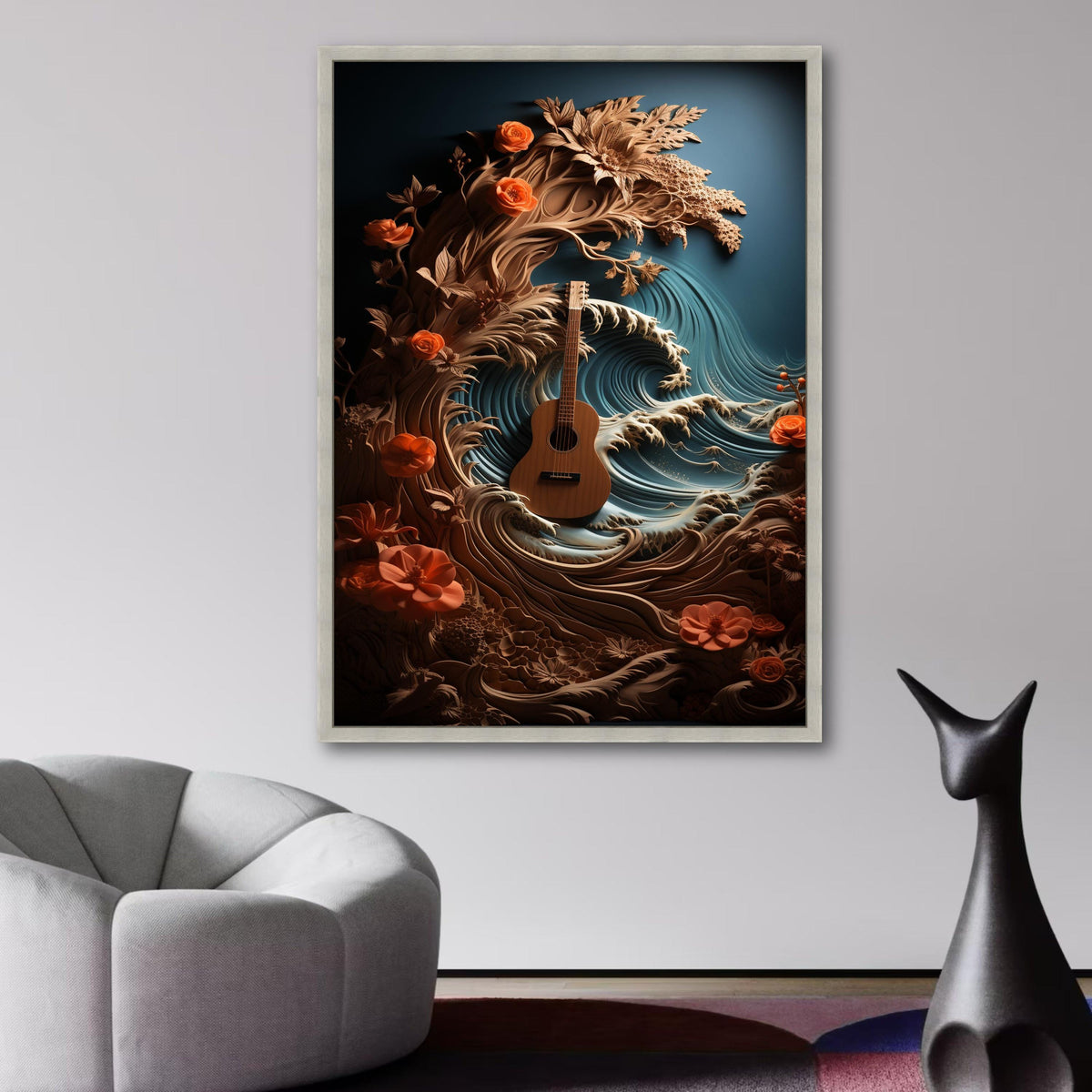 Acoustic Guitar with Ocean Waves and Floral Design Canvas Wall Art, Musical Nature Scene, Boho Home wall decoration, canvas print, wall art