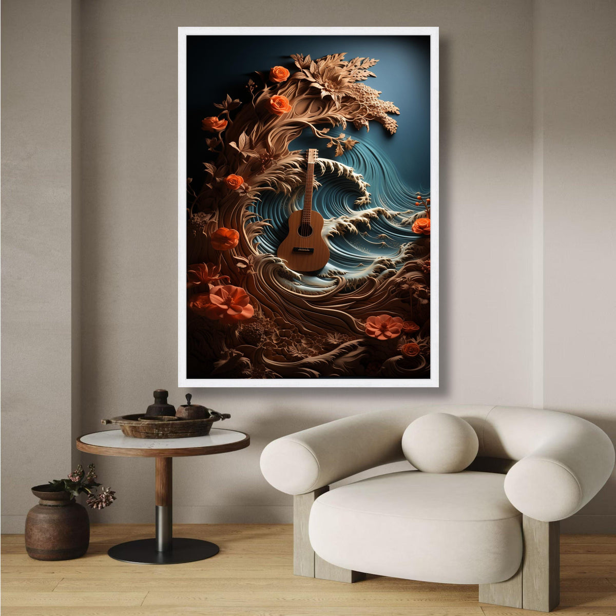 Acoustic Guitar with Ocean Waves and Floral Design Canvas Wall Art, Musical Nature Scene, Boho Home wall decoration, canvas print, wall art