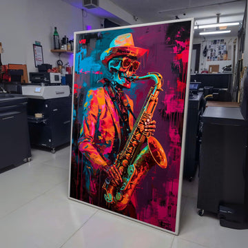Vibrant Skeleton Jazz Saxophonist Canvas, Neon Music Wall Art, Abstract Colorful Saxophone Painting, wall decoration, canvas print, wall art