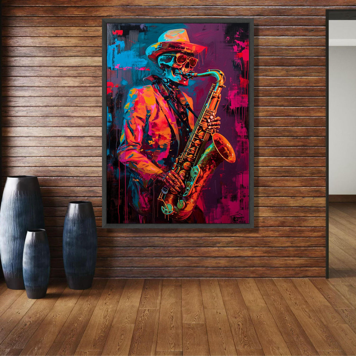 Vibrant Skeleton Jazz Saxophonist Canvas, Neon Music Wall Art, Abstract Colorful Saxophone Painting, wall decoration, canvas print, wall art