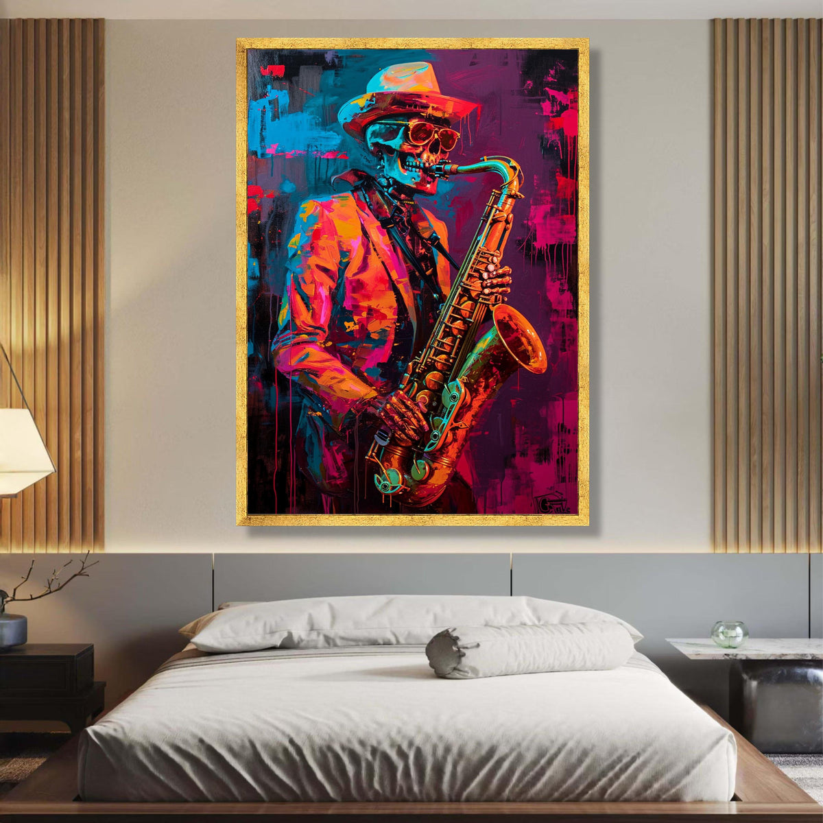 Vibrant Skeleton Jazz Saxophonist Canvas, Neon Music Wall Art, Abstract Colorful Saxophone Painting, wall decoration, canvas print, wall art