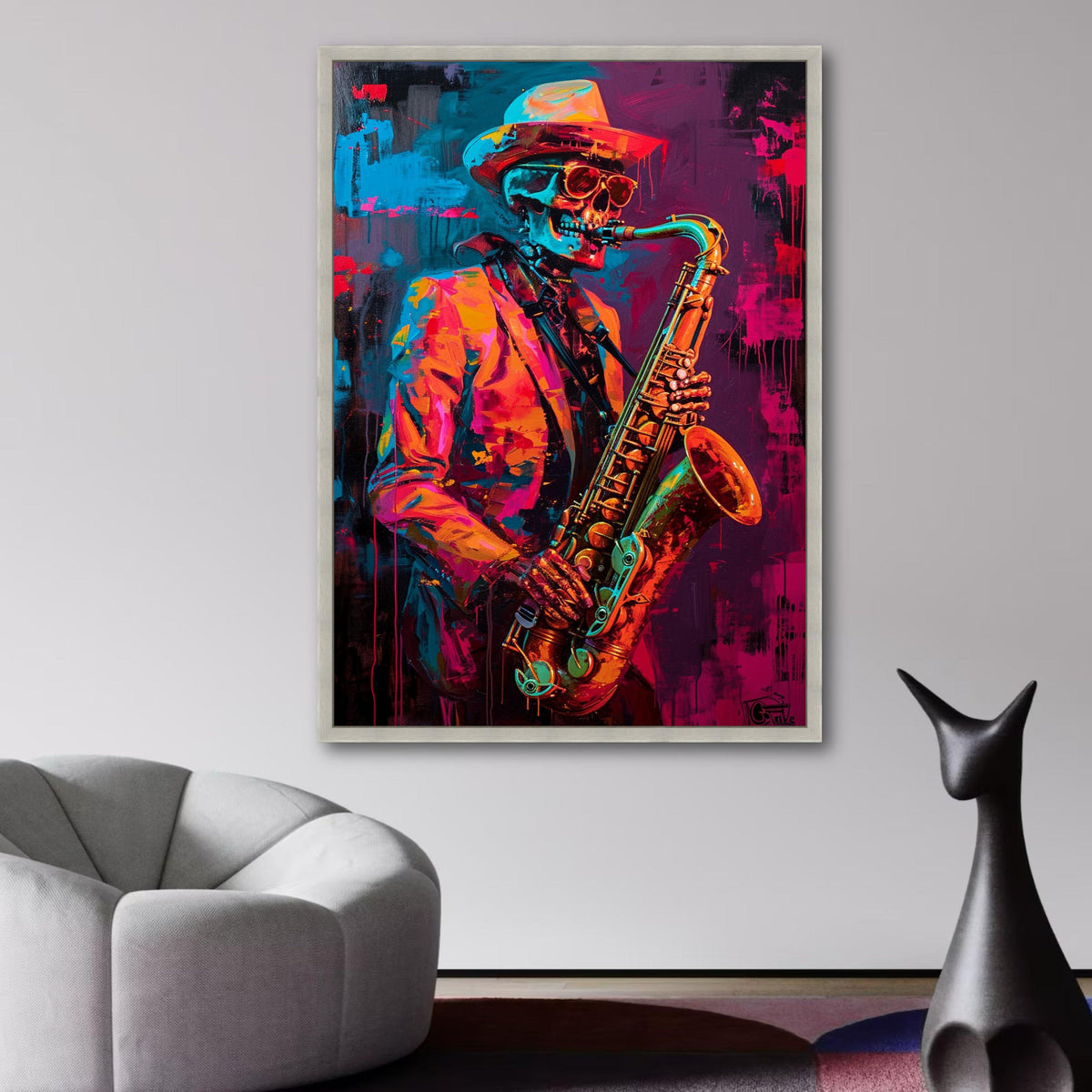 Vibrant Skeleton Jazz Saxophonist Canvas, Neon Music Wall Art, Abstract Colorful Saxophone Painting, wall decoration, canvas print, wall art