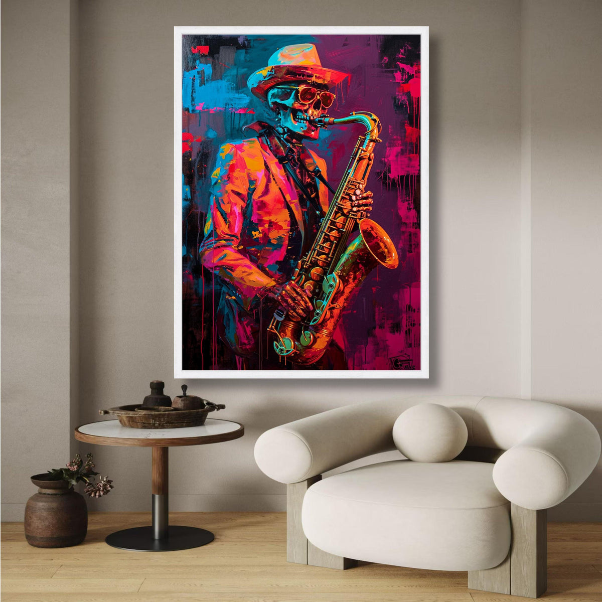 Vibrant Skeleton Jazz Saxophonist Canvas, Neon Music Wall Art, Abstract Colorful Saxophone Painting, wall decoration, canvas print, wall art