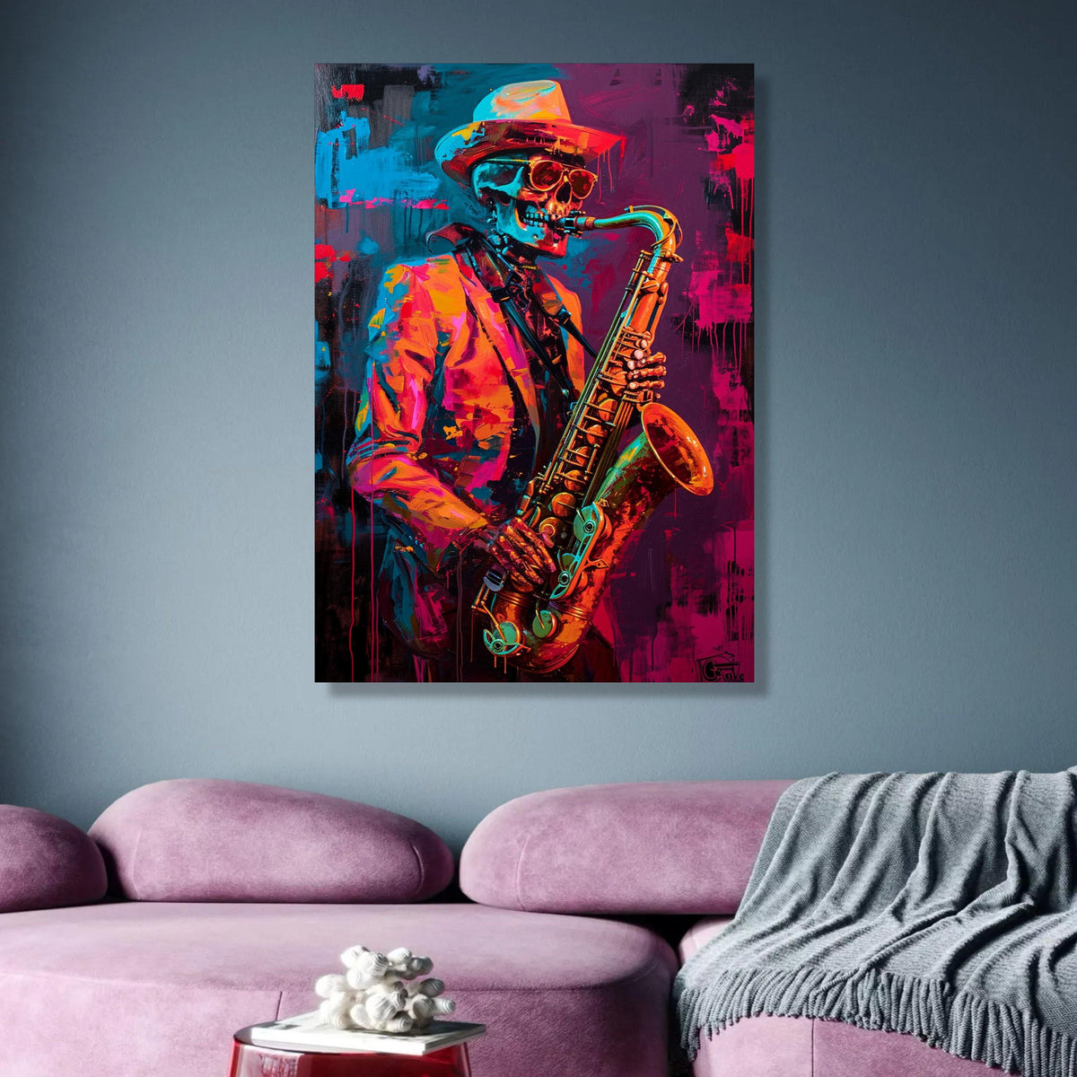 Vibrant Skeleton Jazz Saxophonist Canvas, Neon Music Wall Art, Abstract Colorful Saxophone Painting, wall decoration, canvas print, wall art