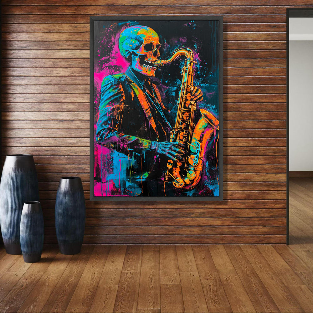 Neon Skeleton Jazz Saxophone Canvas, Vibrant Skull Musician Wall Art, Colorful Abstract Music wall decoration, canvas print, wall art