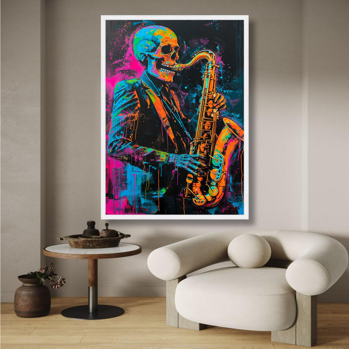Neon Skeleton Jazz Saxophone Canvas, Vibrant Skull Musician Wall Art, Colorful Abstract Music wall decoration, canvas print, wall art