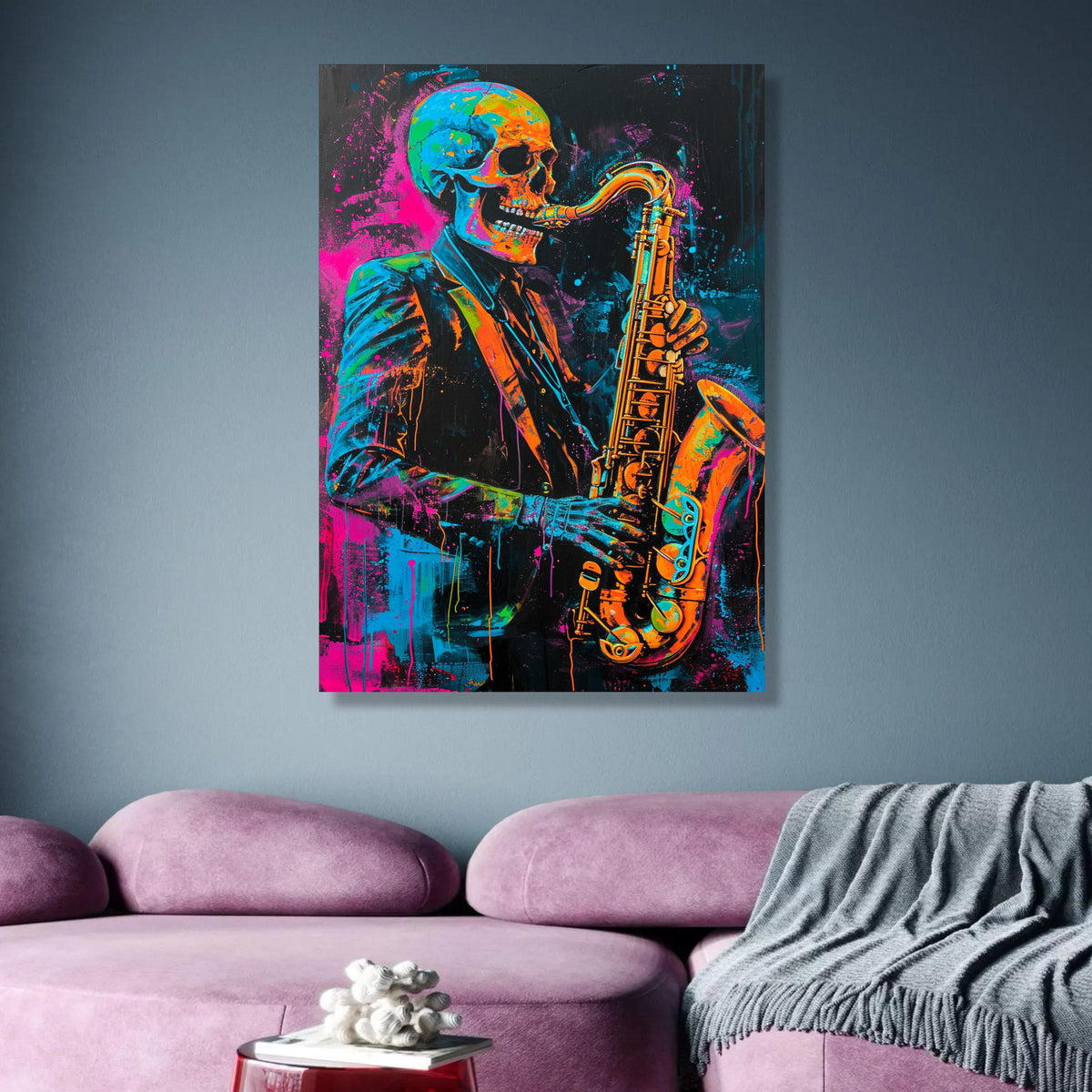 Neon Skeleton Jazz Saxophone Canvas, Vibrant Skull Musician Wall Art, Colorful Abstract Music wall decoration, canvas print, wall art