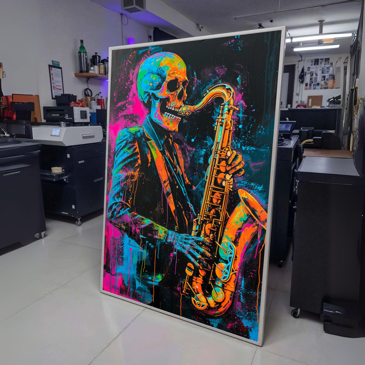 Neon Skeleton Jazz Saxophone Canvas, Vibrant Skull Musician Wall Art, Colorful Abstract Music wall decoration, canvas print, wall art