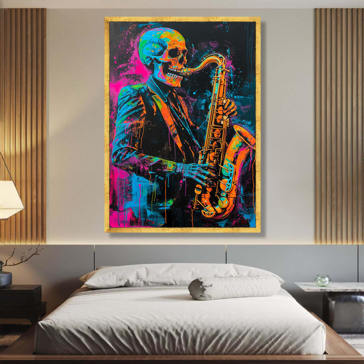 Neon Skeleton Jazz Saxophone Canvas, Vibrant Skull Musician Wall Art, Colorful Abstract Music wall decoration, canvas print, wall art