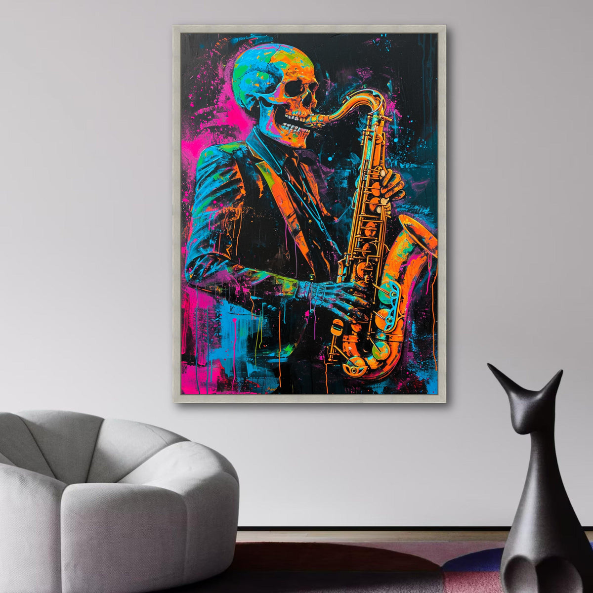 Neon Skeleton Jazz Saxophone Canvas, Vibrant Skull Musician Wall Art, Colorful Abstract Music wall decoration, canvas print, wall art