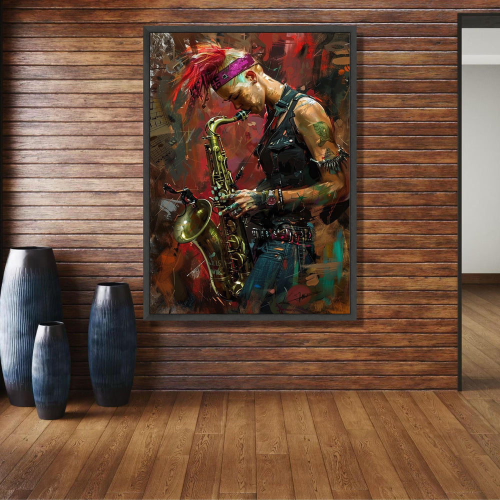 Punk Style Saxophonist Canvas Wall Art, Musician Playing Saxophone Painting, Urban Music Portrait, wall decoration, canvas print, wall art