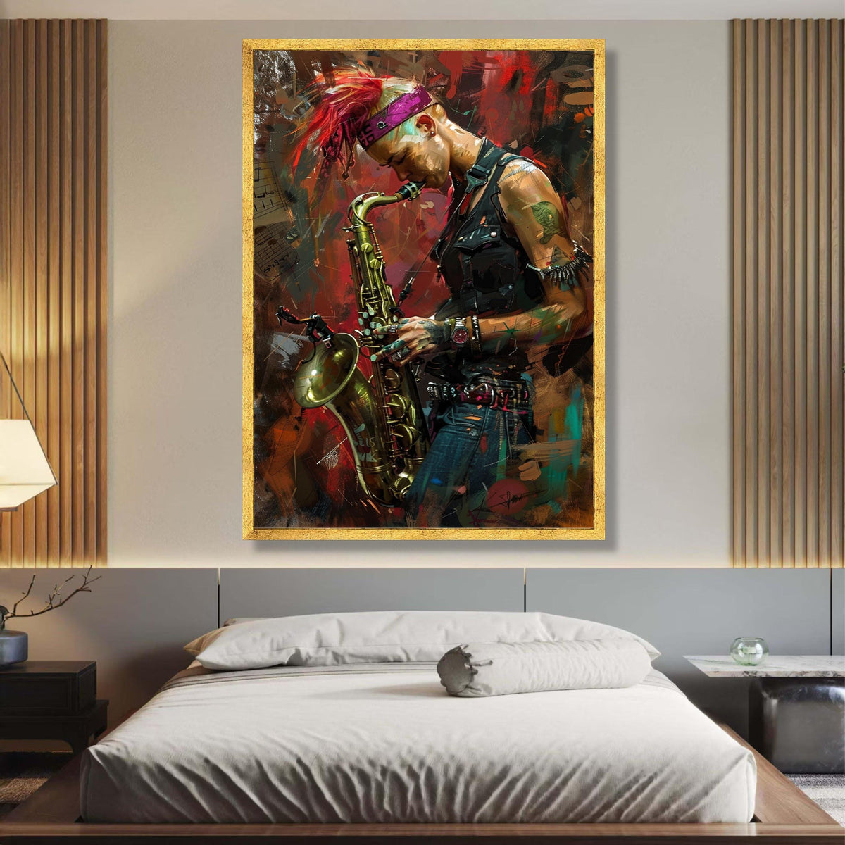 Punk Style Saxophonist Canvas Wall Art, Musician Playing Saxophone Painting, Urban Music Portrait, wall decoration, canvas print, wall art