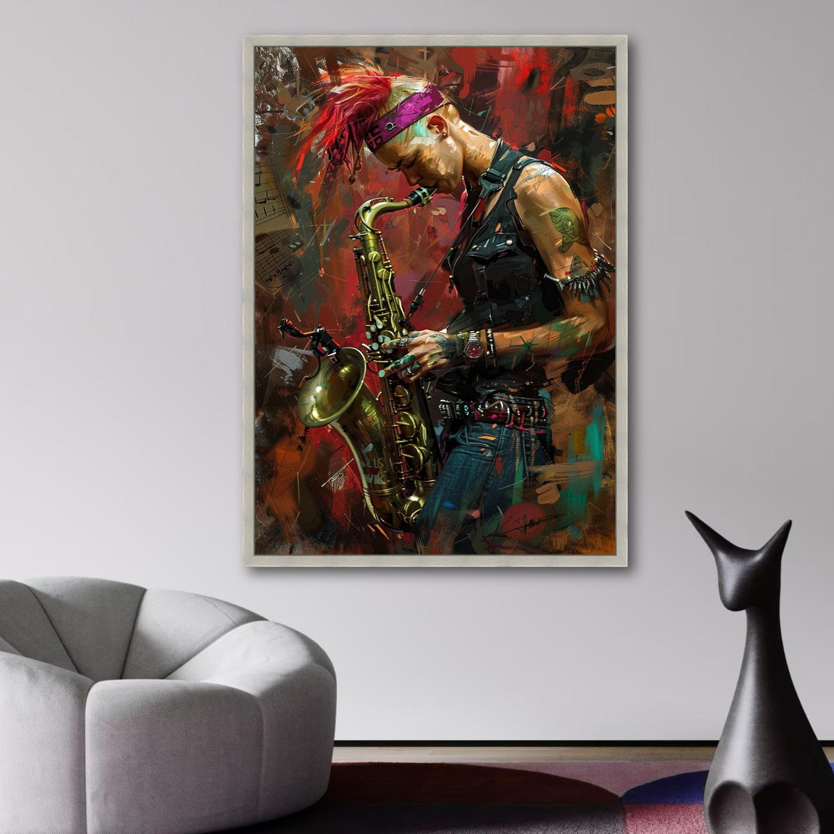 Punk Style Saxophonist Canvas Wall Art, Musician Playing Saxophone Painting, Urban Music Portrait, wall decoration, canvas print, wall art