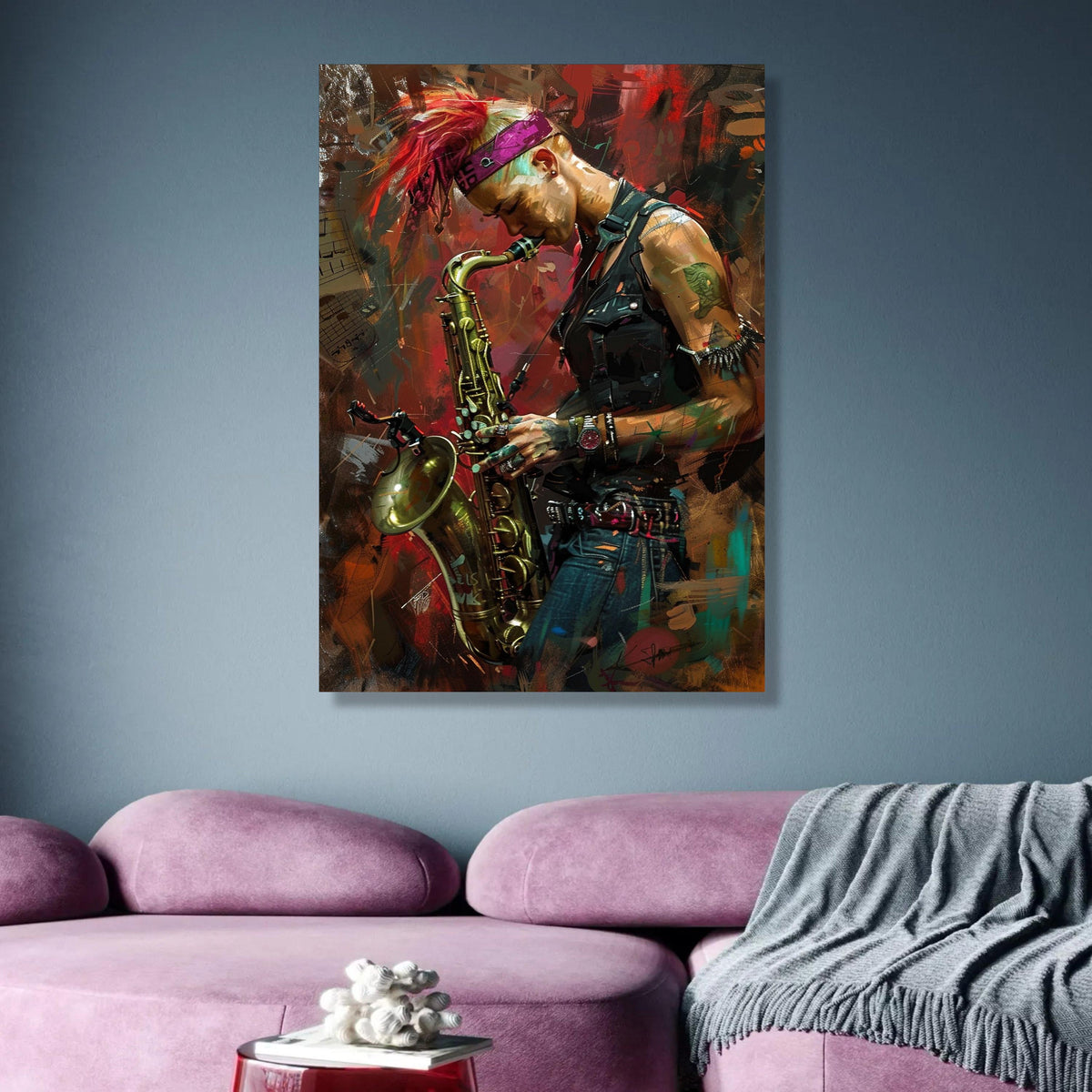 Punk Style Saxophonist Canvas Wall Art, Musician Playing Saxophone Painting, Urban Music Portrait, wall decoration, canvas print, wall art
