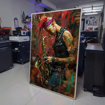 Punk Style Saxophonist Canvas Wall Art, Musician Playing Saxophone Painting, Urban Music Portrait, wall decoration, canvas print, wall art
