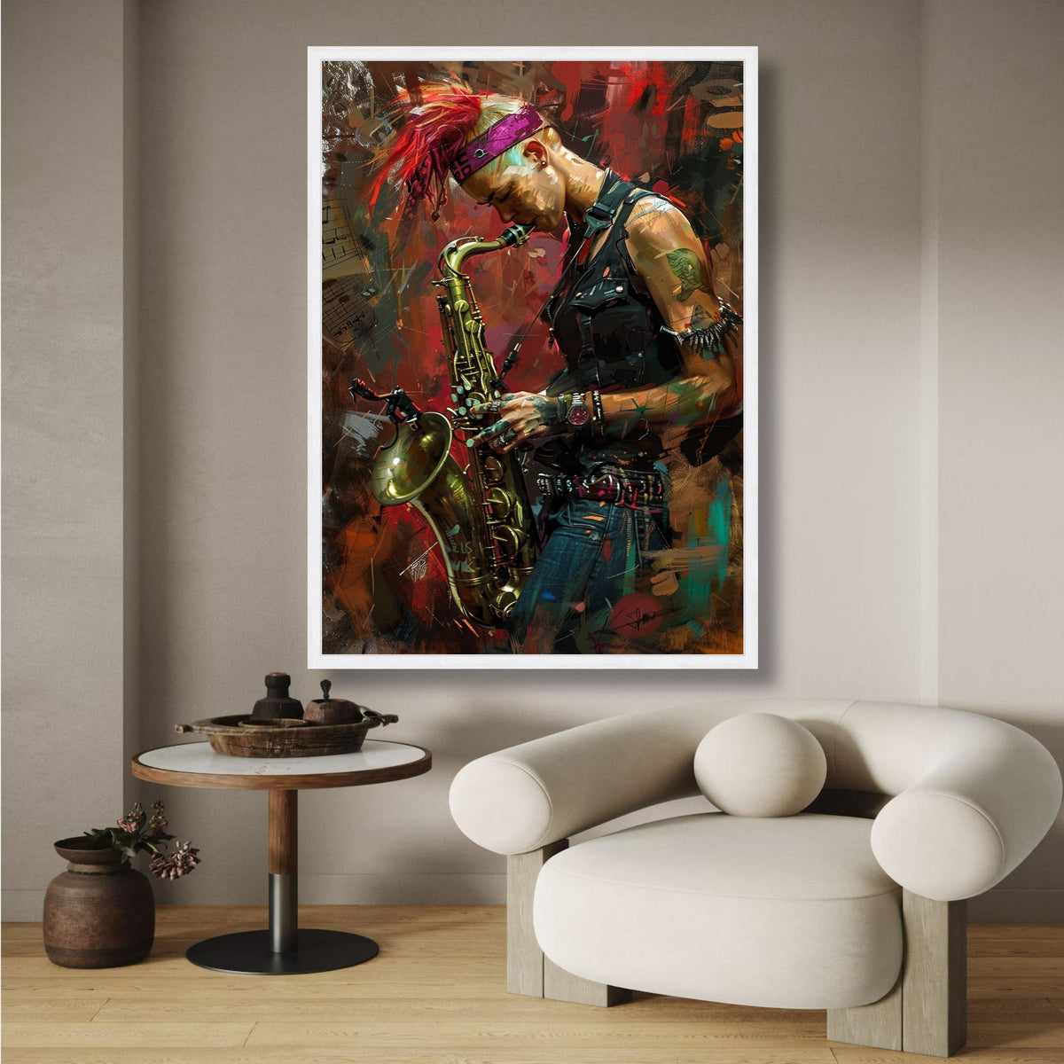 Punk Style Saxophonist Canvas Wall Art, Musician Playing Saxophone Painting, Urban Music Portrait, wall decoration, canvas print, wall art