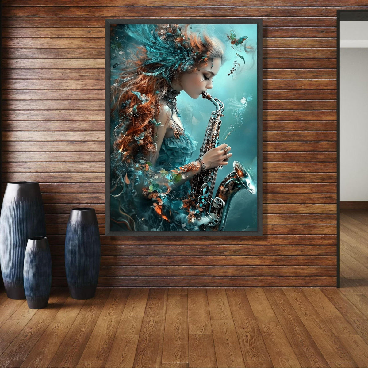 Enchanted Saxophone Melody, Fantasy Woman Canvas Art, Musical Instrument Wall Decor, Ethereal Blue wall decoration, canvas print, wall art