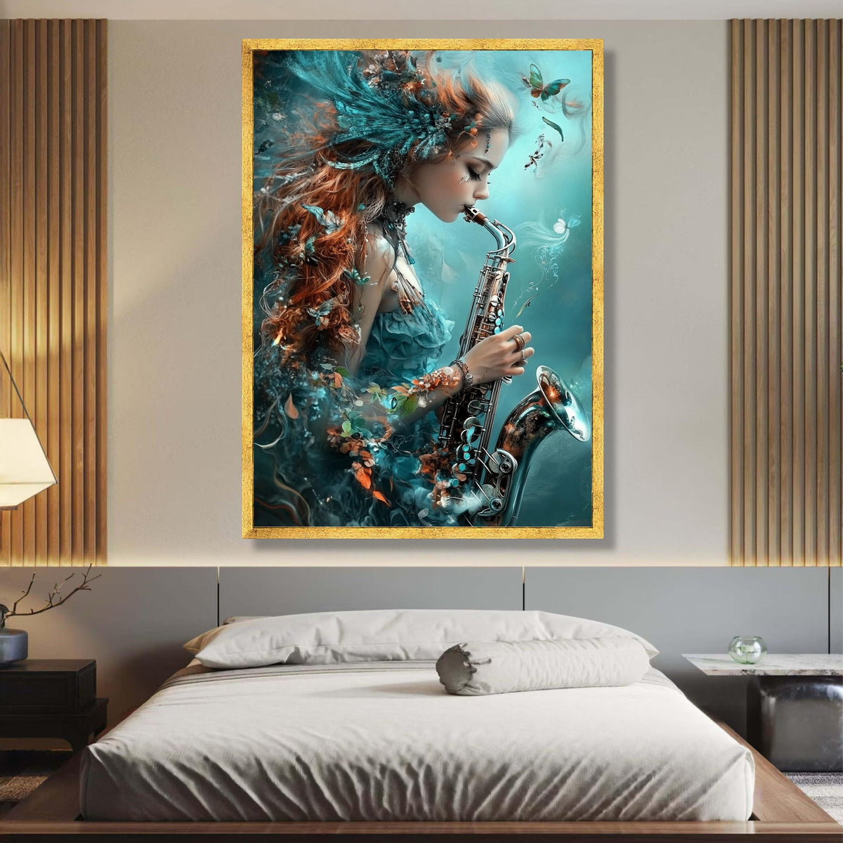 Enchanted Saxophone Melody, Fantasy Woman Canvas Art, Musical Instrument Wall Decor, Ethereal Blue wall decoration, canvas print, wall art