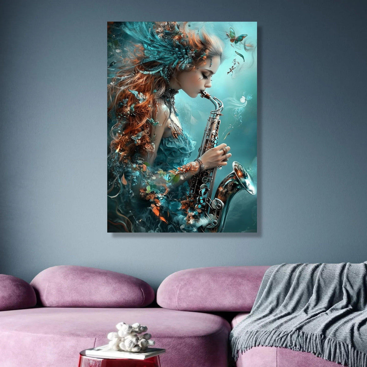Enchanted Saxophone Melody, Fantasy Woman Canvas Art, Musical Instrument Wall Decor, Ethereal Blue wall decoration, canvas print, wall art