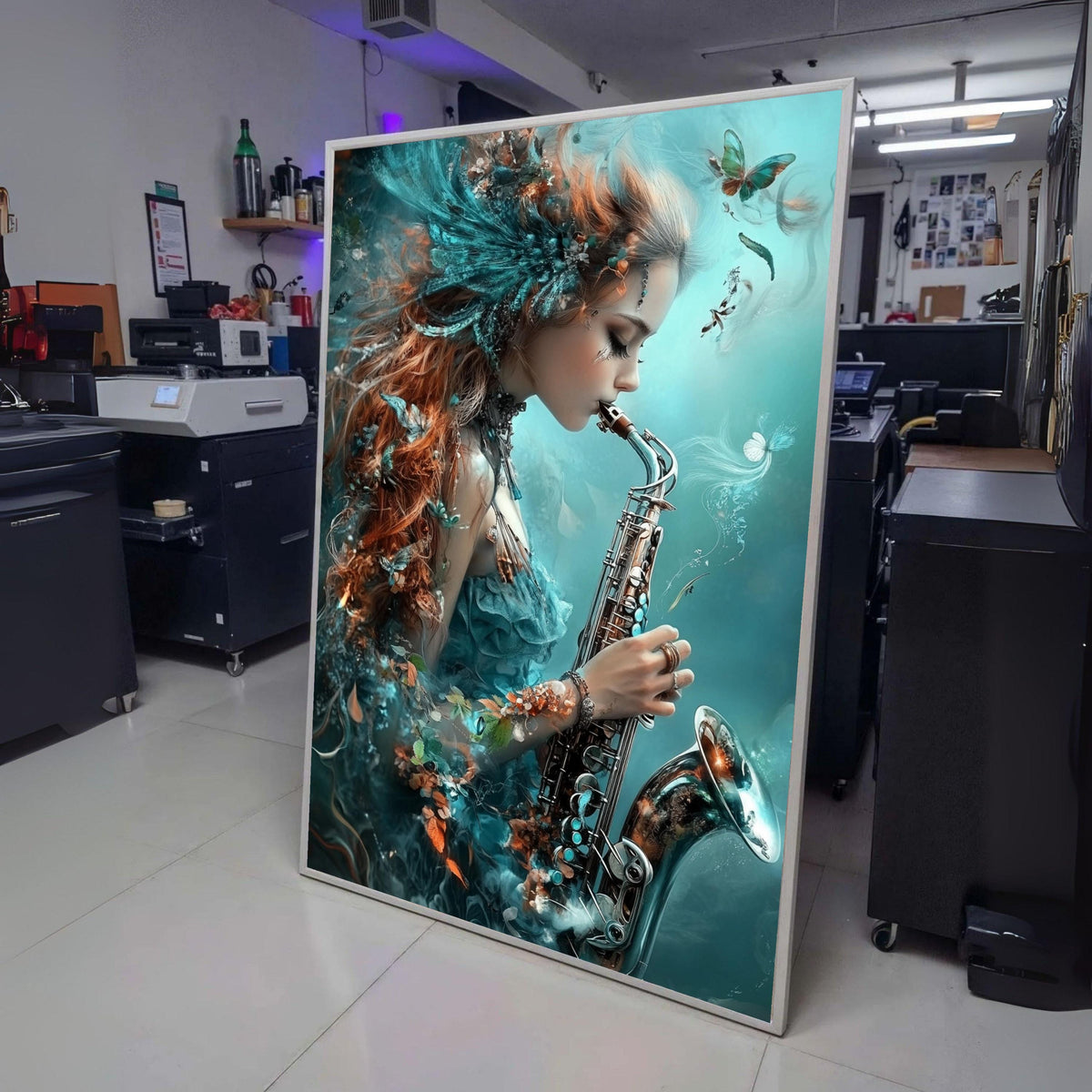 Enchanted Saxophone Melody, Fantasy Woman Canvas Art, Musical Instrument Wall Decor, Ethereal Blue wall decoration, canvas print, wall art