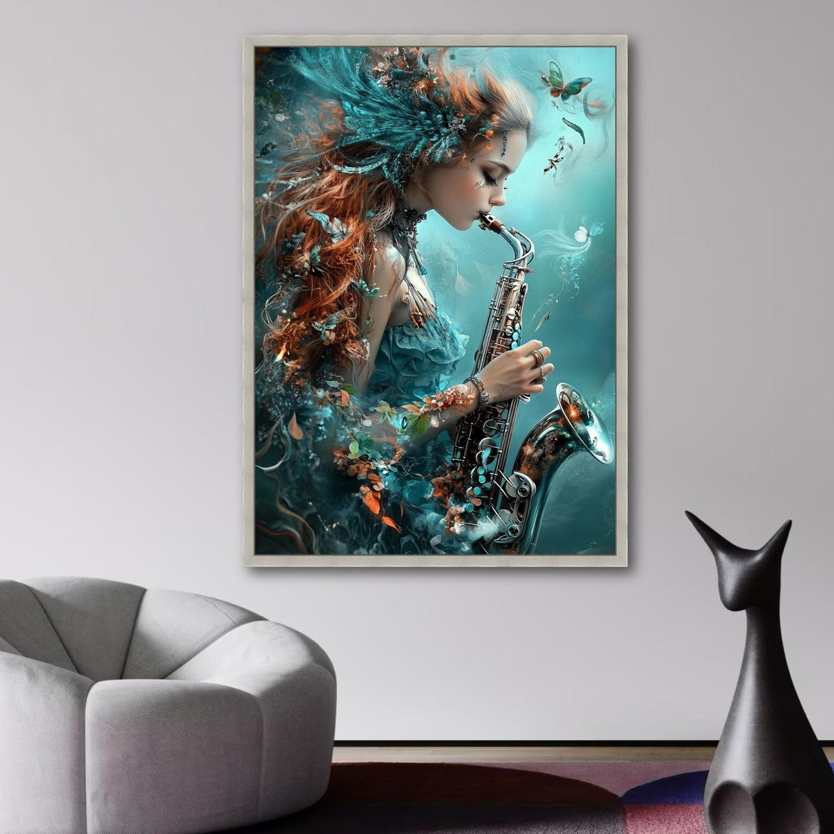 Enchanted Saxophone Melody, Fantasy Woman Canvas Art, Musical Instrument Wall Decor, Ethereal Blue wall decoration, canvas print, wall art