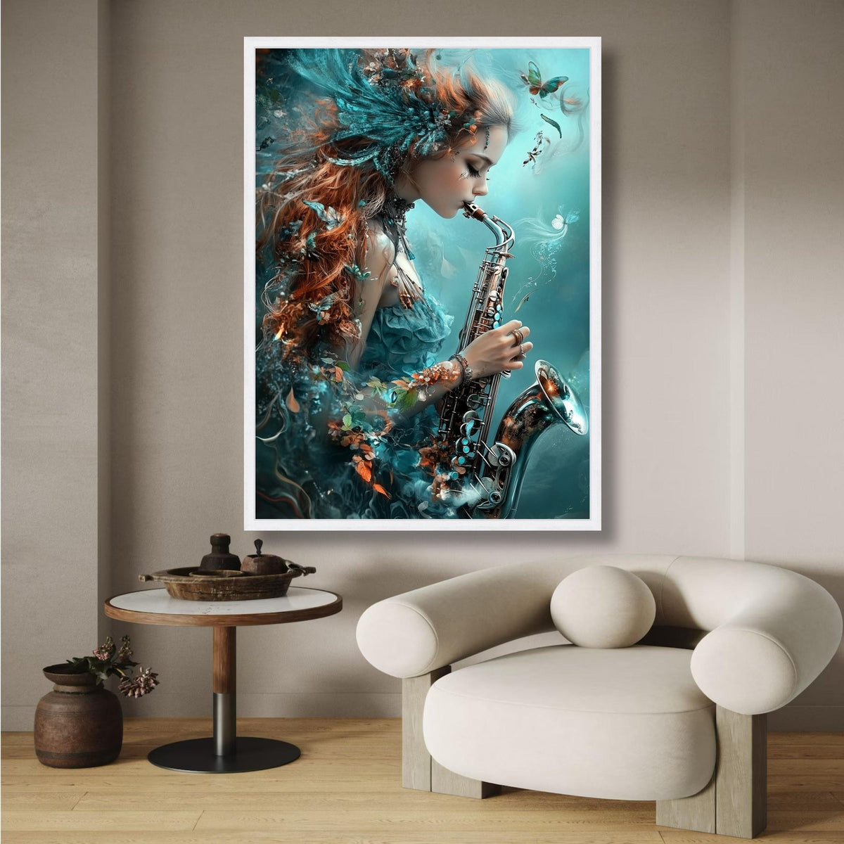 Enchanted Saxophone Melody, Fantasy Woman Canvas Art, Musical Instrument Wall Decor, Ethereal Blue wall decoration, canvas print, wall art