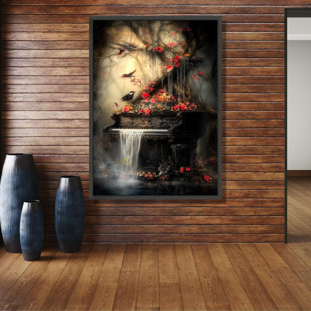 Enchanted Forest Piano, Waterfall Cascade Canvas, Floral Nature Wall Art, Mystical Birds and wall decoration, canvas print, wall art