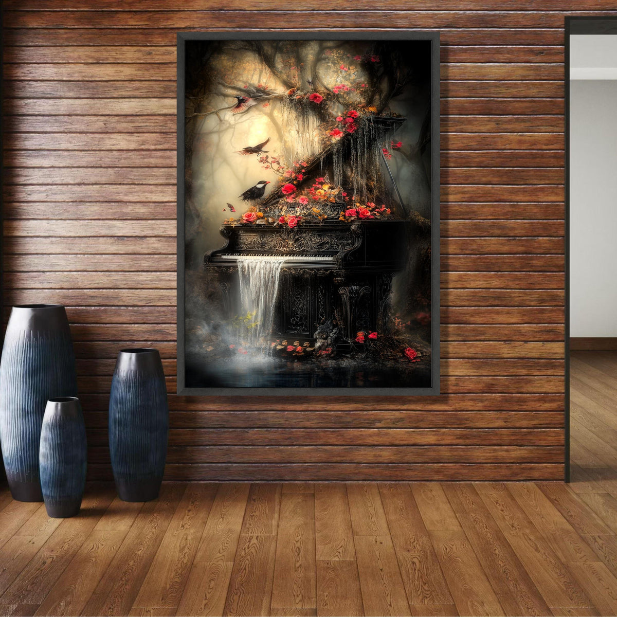 Enchanted Forest Piano, Waterfall Cascade Canvas, Floral Nature Wall Art, Mystical Birds and wall decoration, canvas print, wall art
