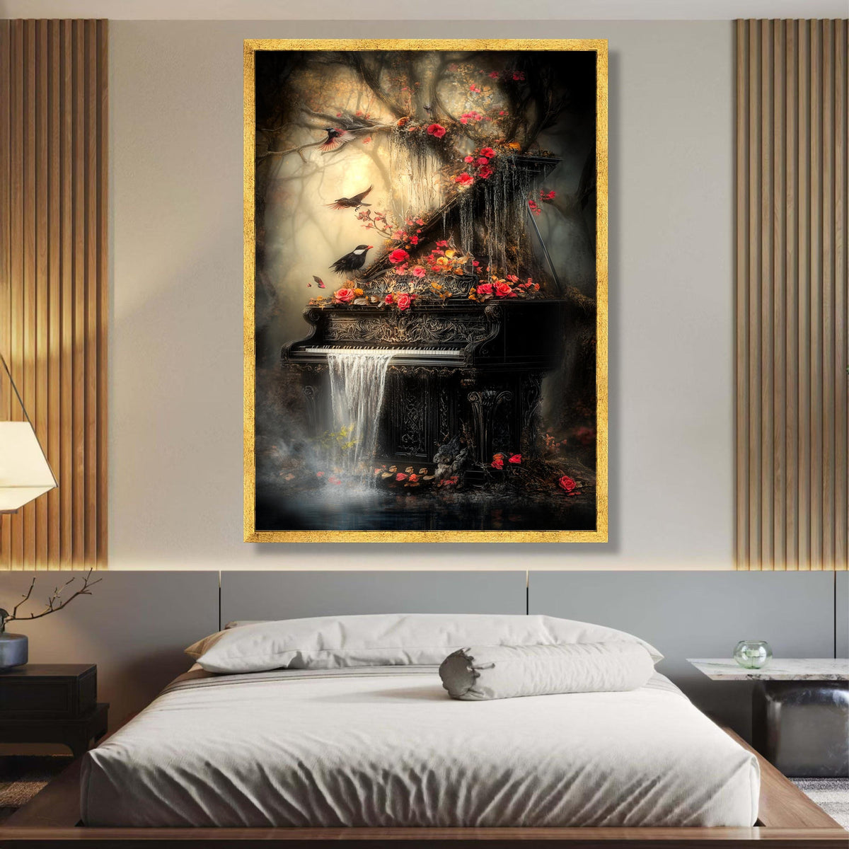Enchanted Forest Piano, Waterfall Cascade Canvas, Floral Nature Wall Art, Mystical Birds and wall decoration, canvas print, wall art