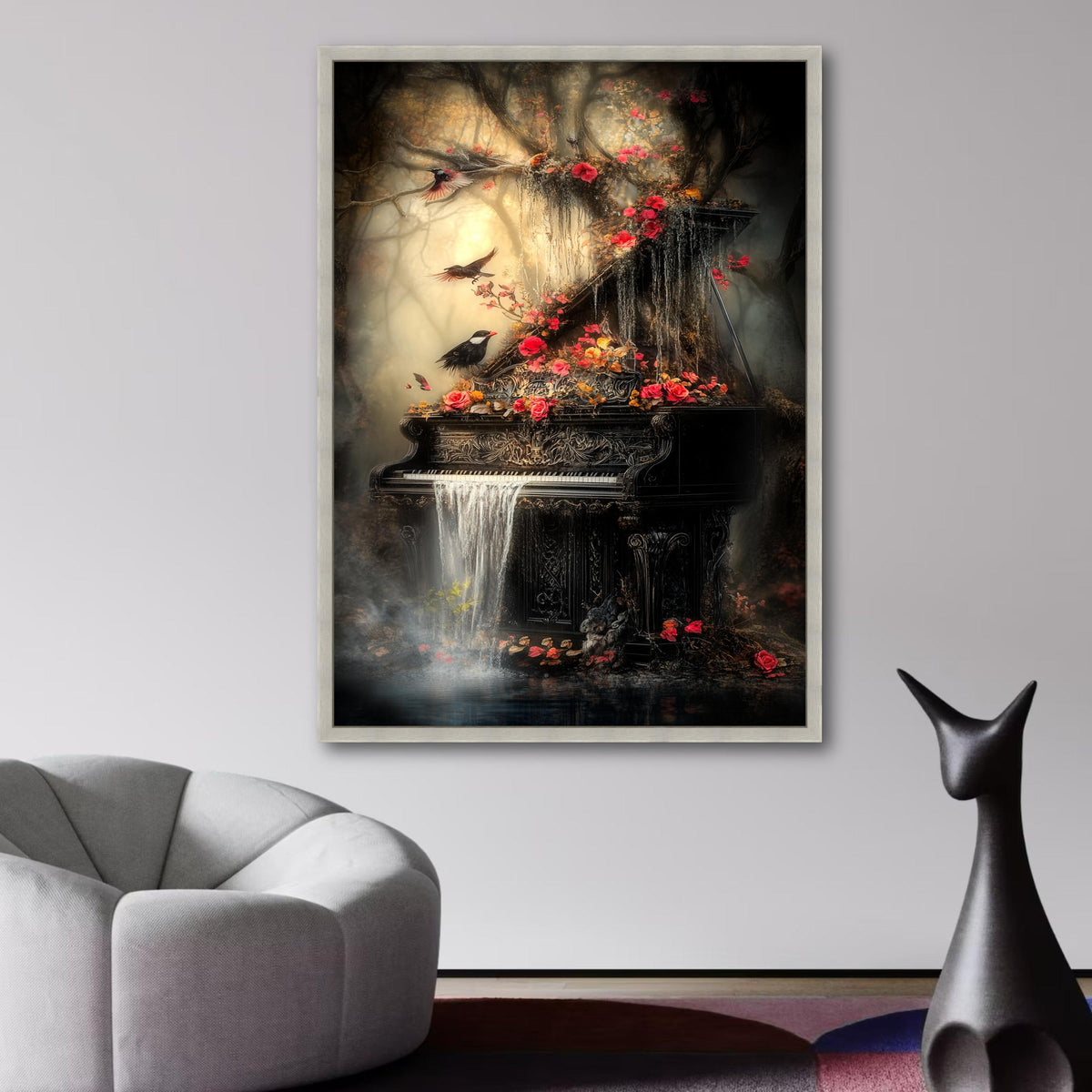 Enchanted Forest Piano, Waterfall Cascade Canvas, Floral Nature Wall Art, Mystical Birds and wall decoration, canvas print, wall art