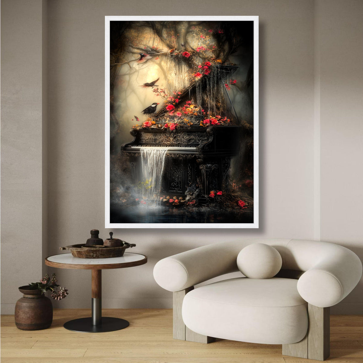 Enchanted Forest Piano, Waterfall Cascade Canvas, Floral Nature Wall Art, Mystical Birds and wall decoration, canvas print, wall art