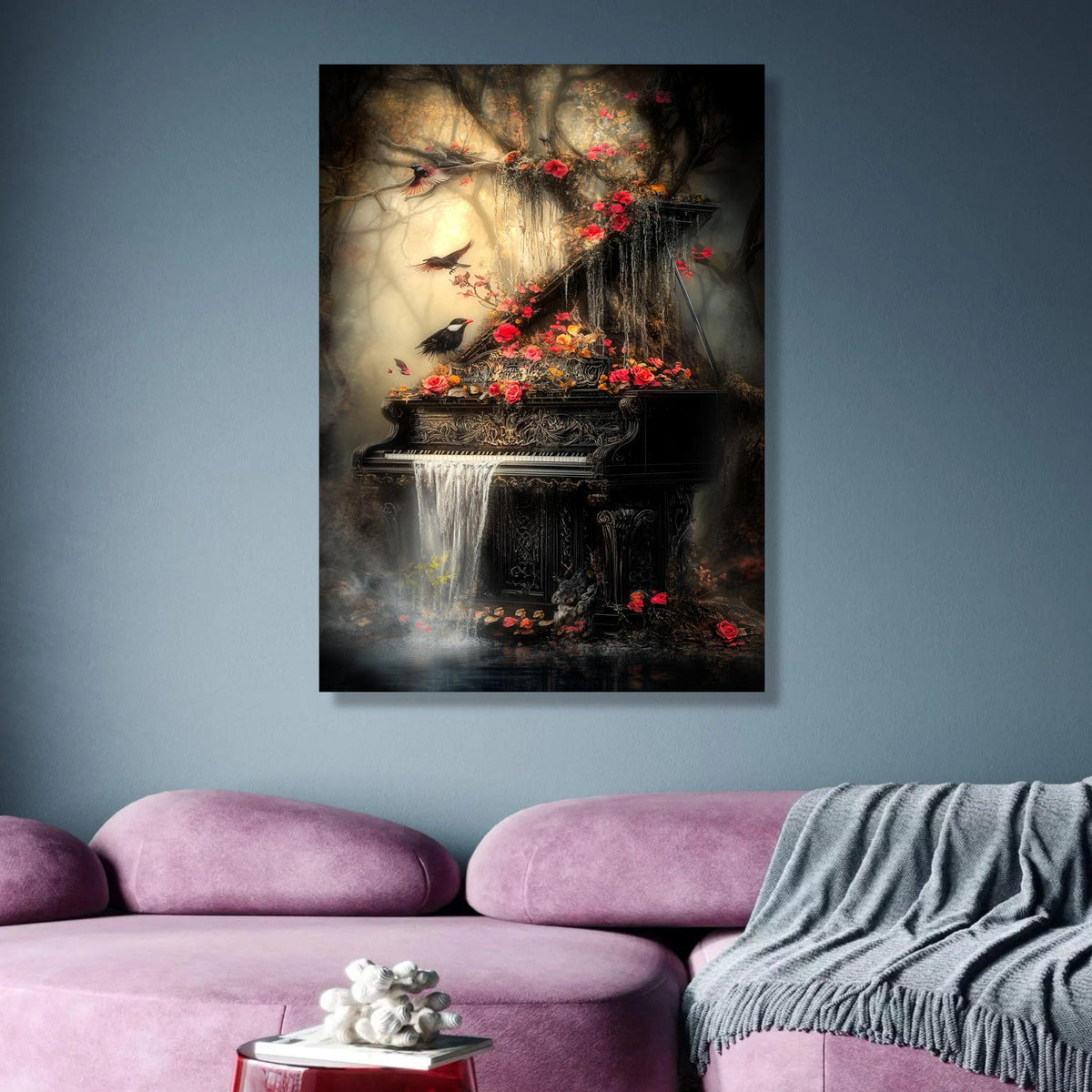 Enchanted Forest Piano, Waterfall Cascade Canvas, Floral Nature Wall Art, Mystical Birds and wall decoration, canvas print, wall art