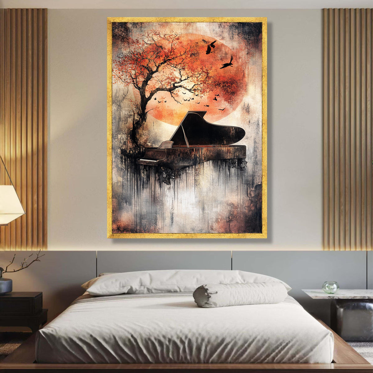 Abstract Piano with Autumn Tree and Birds Canvas, Music Art Decor, Modern Wall Art Painting, Orange wall decoration, canvas print, wall art