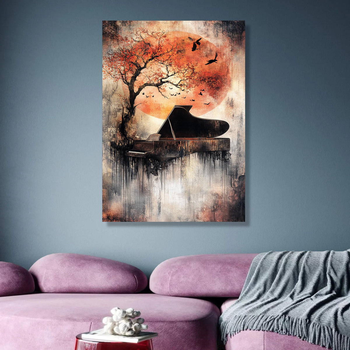 Abstract Piano with Autumn Tree and Birds Canvas, Music Art Decor, Modern Wall Art Painting, Orange wall decoration, canvas print, wall art