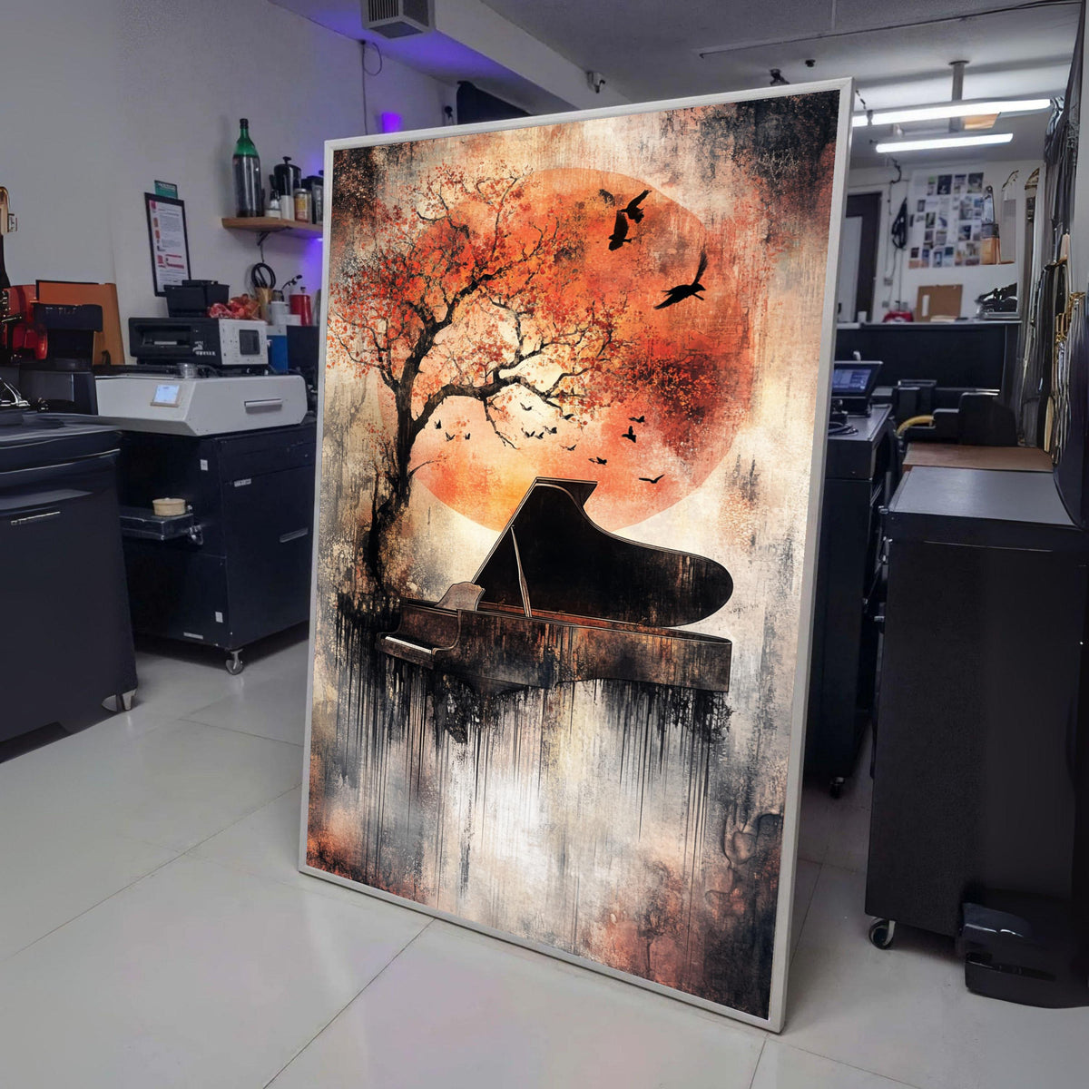 Abstract Piano with Autumn Tree and Birds Canvas, Music Art Decor, Modern Wall Art Painting, Orange wall decoration, canvas print, wall art