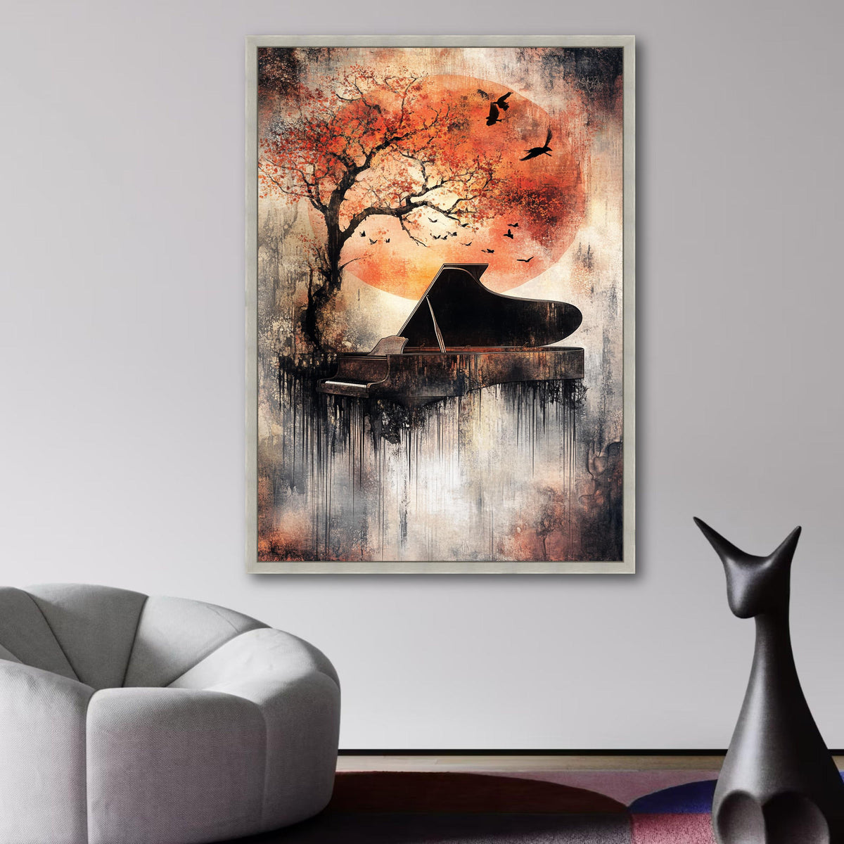 Abstract Piano with Autumn Tree and Birds Canvas, Music Art Decor, Modern Wall Art Painting, Orange wall decoration, canvas print, wall art