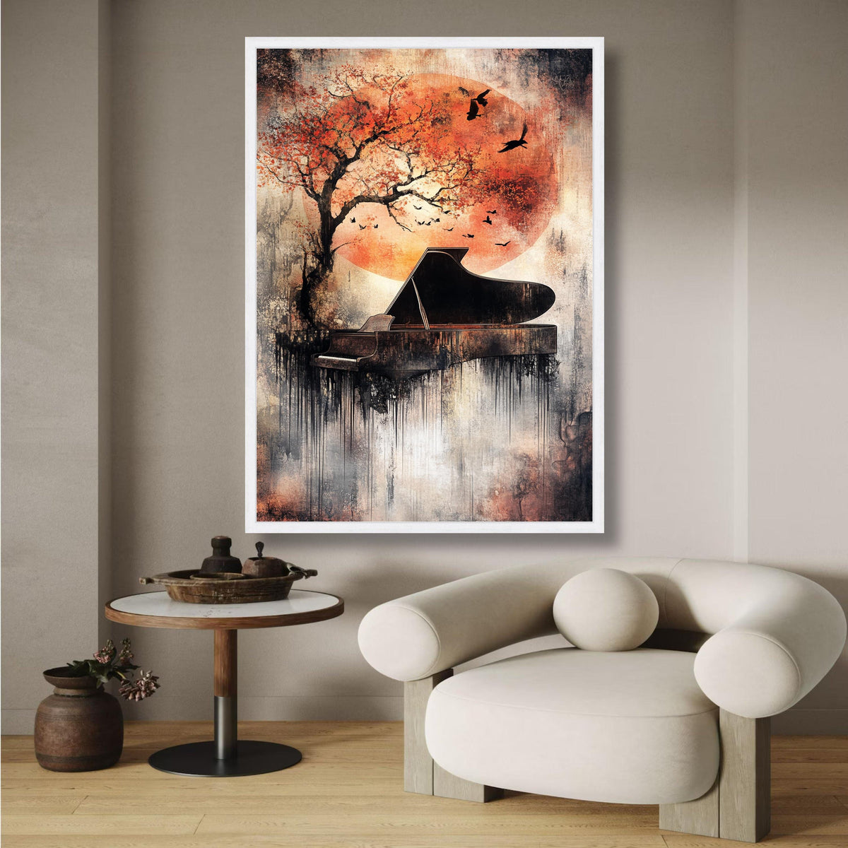 Abstract Piano with Autumn Tree and Birds Canvas, Music Art Decor, Modern Wall Art Painting, Orange wall decoration, canvas print, wall art