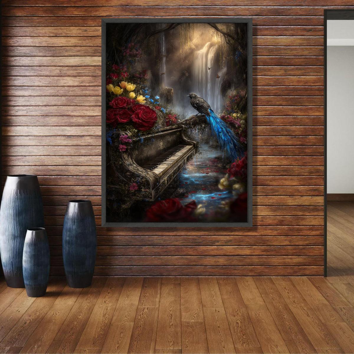 Enchanted Forest Waterfall Canvas, Vintage Piano Wall Art, Bird and Floral Nature Scene, Mystical wall decoration, canvas print, wall art