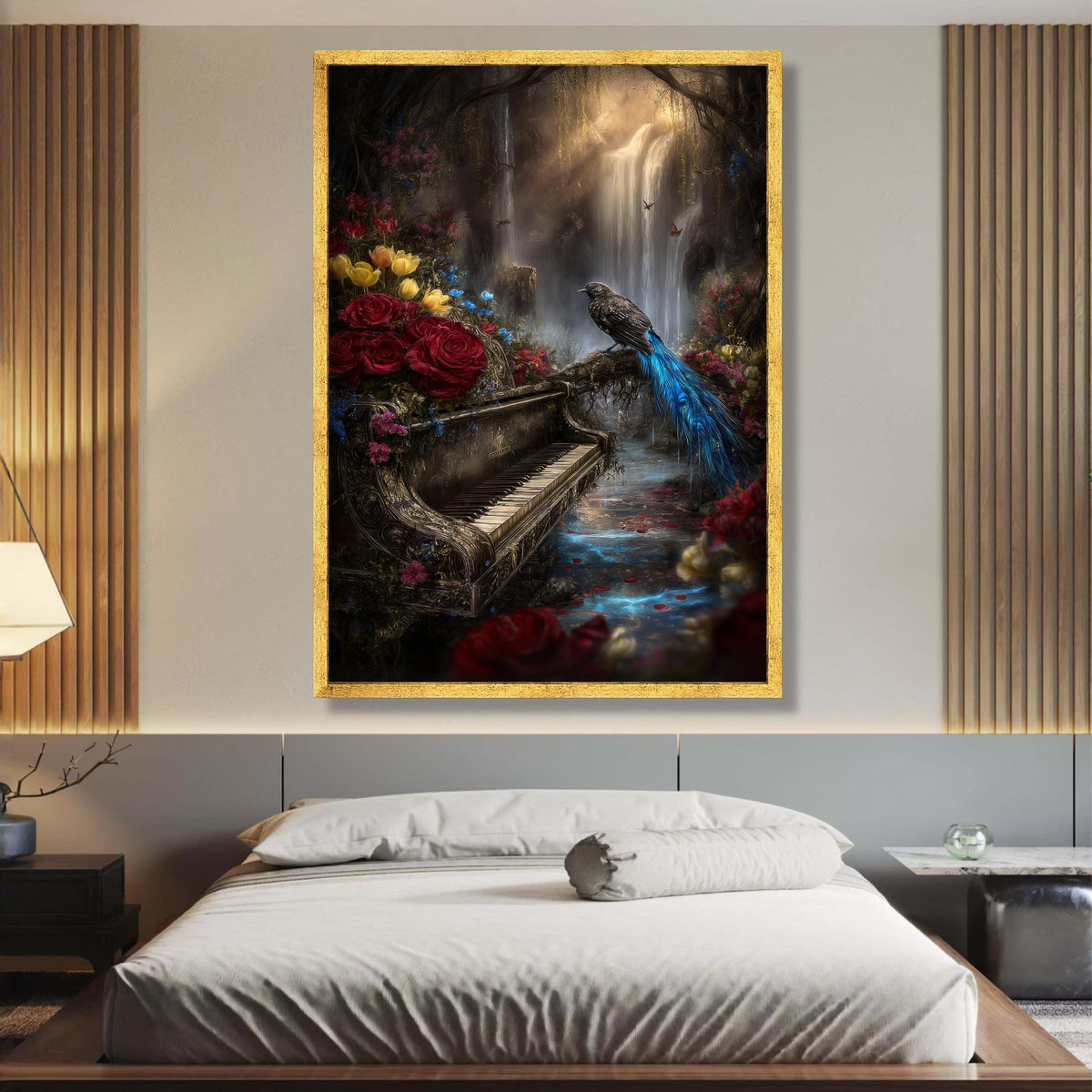 Enchanted Forest Waterfall Canvas, Vintage Piano Wall Art, Bird and Floral Nature Scene, Mystical wall decoration, canvas print, wall art