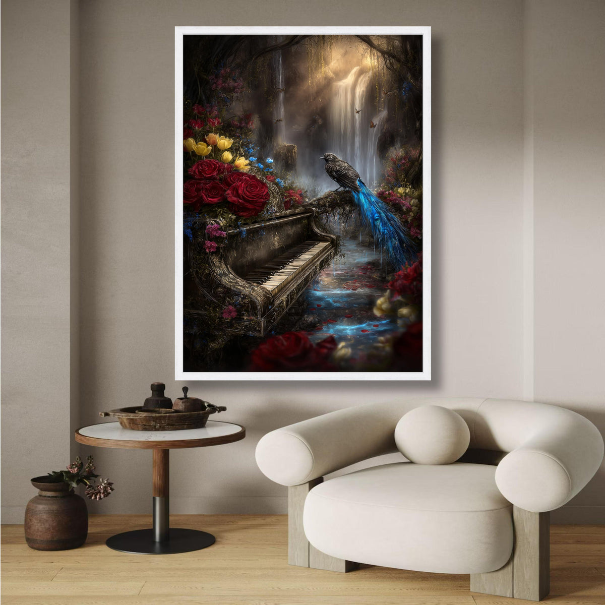 Enchanted Forest Waterfall Canvas, Vintage Piano Wall Art, Bird and Floral Nature Scene, Mystical wall decoration, canvas print, wall art